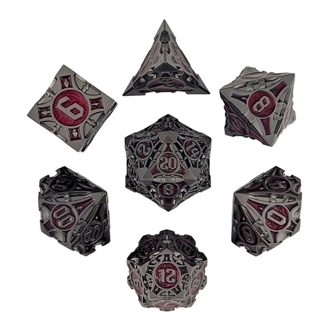 Arcane Enigma Gunmetal Red Metal RPG Dice Set of 7