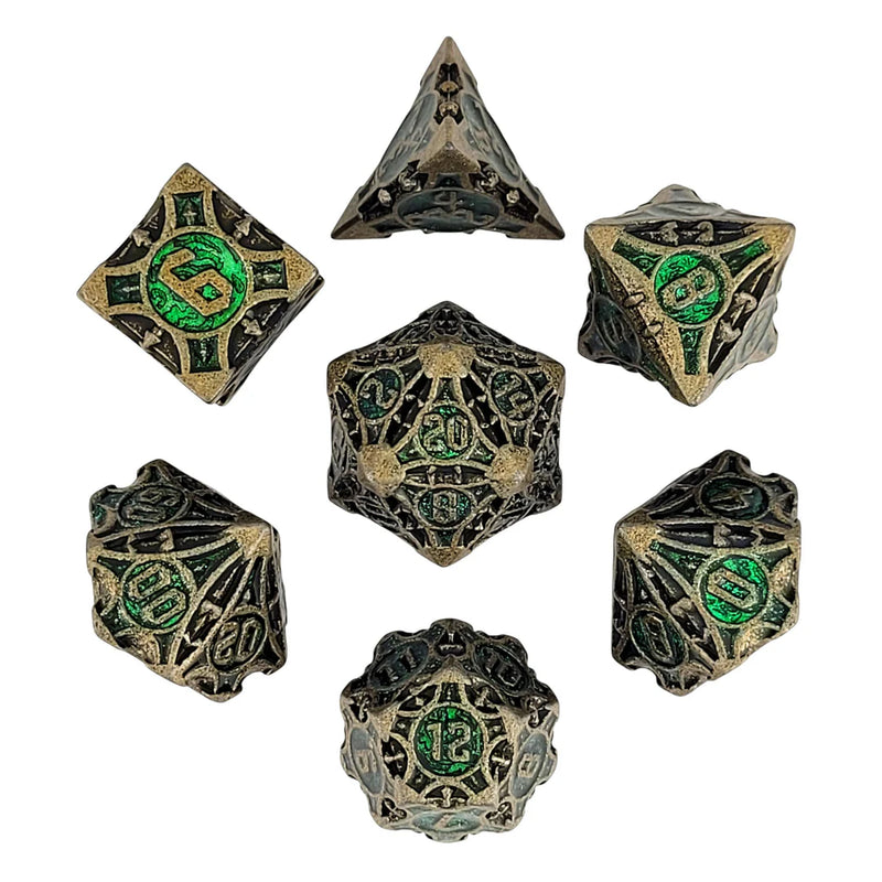 Arcane Enigma Gold Green Metal RPG Dice Set of 7