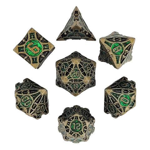 Arcane Enigma Gold Green Metal RPG Dice Set of 7