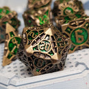 Arcane Enigma Gold Green Metal RPG Dice Set of 7