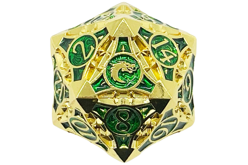 Old School 40mm D20 Metal Die: Gnome Forged - Gold w/ Green