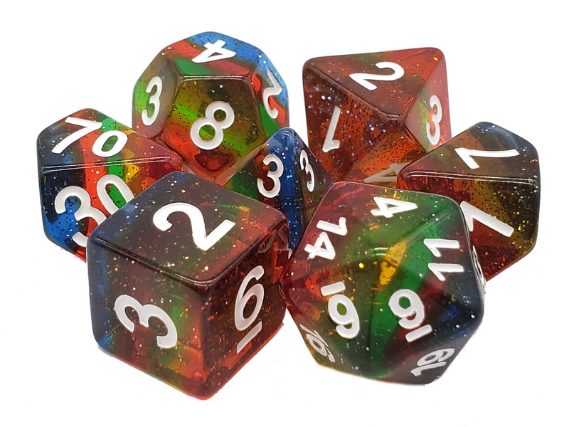 Old School 7 Piece DnD RPG Dice Set: Gradients - Translucent Glitter Rainbow