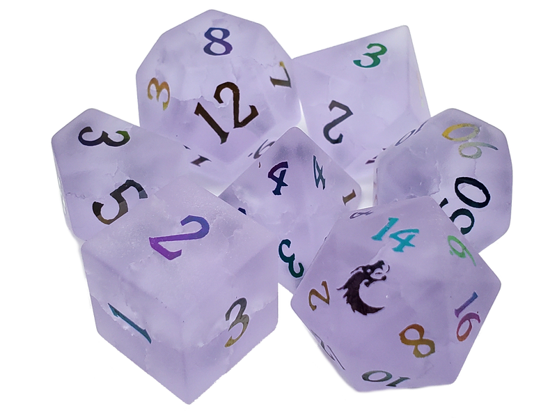 Old School 7 Piece DnD RPG Gemstone Set: Frosted Blast Glass - Amethyst w/ Spectral