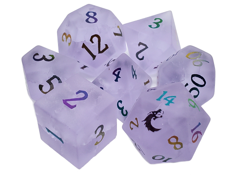 Old School 7 Piece DnD RPG Gemstone Set: Frosted Blast Glass - Amethyst w/ Spectral