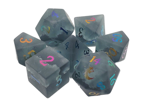 Old School 7 Piece DnD RPG Gemstone Set: Frosted Blast Glass - Obsidian w/ Spectral