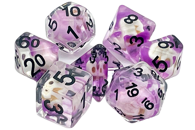 Old School 7 Piece DnD RPG Dice Set: Infused - Skull w/ Purple