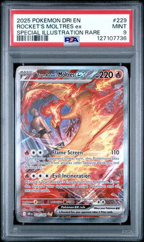 2025 POKEMON DRI EN-DESTINED RIVALS #229 ROCKET'S MOLTRES ex SPECIAL ILLUSTRATION RARE PSA 9